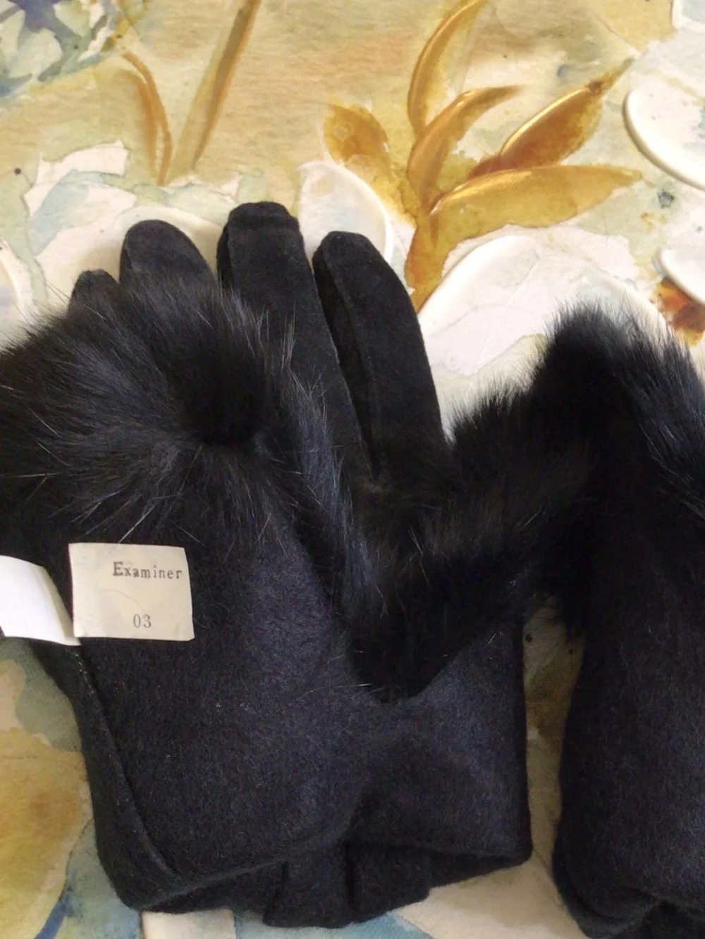 Genuine Suede Leather Black Women’s Gloves with Rabbit Fur Cuffs Size M